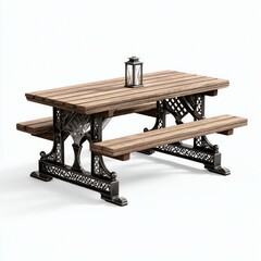 Rustic picnic table with lantern and wooden benches in a bright setting.