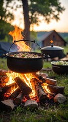 Campfire Cooking Delicious Stew with Outdoor Dinner.