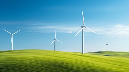 Fototapeta premium Wind turbines gracefully turning on a vast, rolling green landscape, seamlessly integrated into nature, symbolizing renewable energy and a world striving for environmental balance