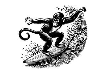 Animals Surfing Engraved Hand Drawn Natural Illustration Vector Isolated by AZ for Books, Arts, Design and Decoration Graphic Asset