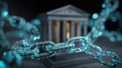 Concept image showing digital chains representing blockchain technology wrapping around a courthouse, symbolizing the integration of blockchain into the legal ...