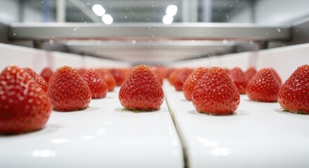 Fresh ripe strawberries moving on a white conveyor belt in a modern food processing facility