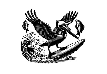 Animals Surfing Engraved Hand Drawn Natural Illustration Vector Isolated by AZ for Books, Arts, Design and Decoration Graphic Asset