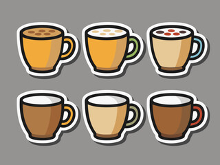 Collection of Six Stylized Coffee Cup Stickers with Various Coffee Drinks and Colored Handles stylized