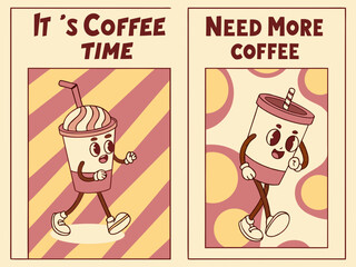 Retro Coffee Illustrations It s Coffee Time and Need More Coffee with Animated Coffee Cup Characters
