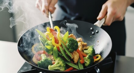 Professional chef tossing vibrant stir fry with fresh vegetables in steaming wok