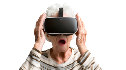Surprised Senior Woman Using VR Headset, isolated on transparent background