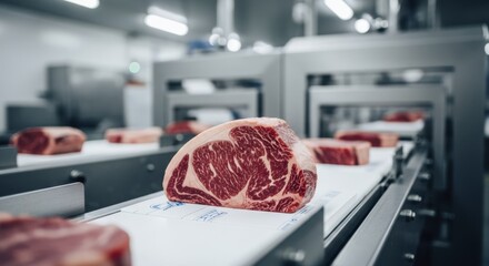 Premium marbled raw steak cuts moving on a modern meat processing conveyor belt