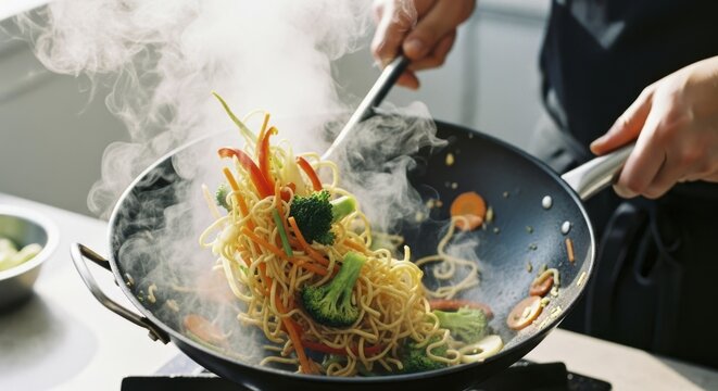 Professional chef tossing fresh vegetable stir fry noodles with steam in a hot wok - Powered by Adobe