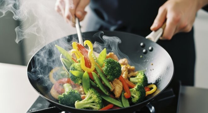 Professional chef tossing vibrant stir fry with fresh vegetables in steaming wok