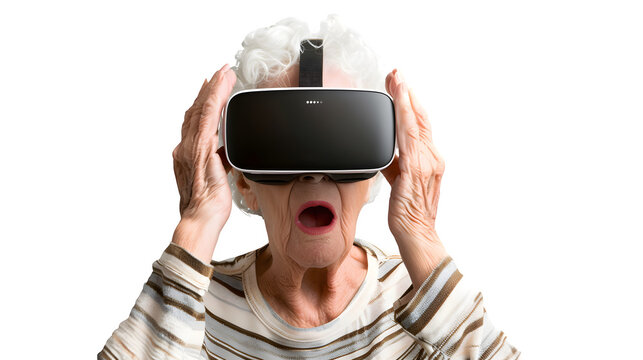 Surprised Senior Woman Using VR Headset, isolated on transparent background - Powered by Adobe