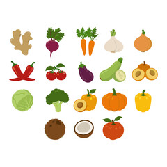 Set of Fresh Vegetables and Fruits in Colorful Cartoon Illustration