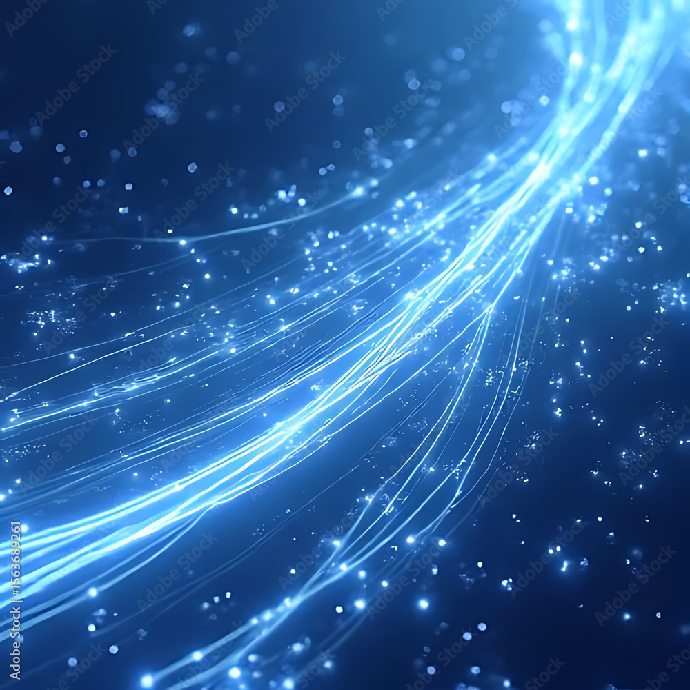 Poster abstract blue glowing lines and particles flowing across a dark blue background representing data tr