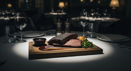Meticulously plated smoked brisket on a rustic wooden board in a fine dining restaurant setting