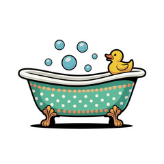 Naklejka premium Charming Teal Polka Dot Bathtub with Yellow Rubber Duck and Bubbles: Whimsical Cartoon Illustration