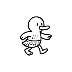 Simple black and white cartoon duck walking in simple clothes