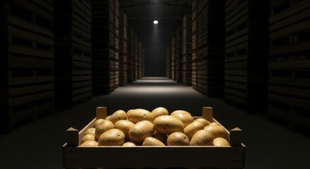 Freshly harvested potatoes in wooden crate in dark warehouse storage with spotlight