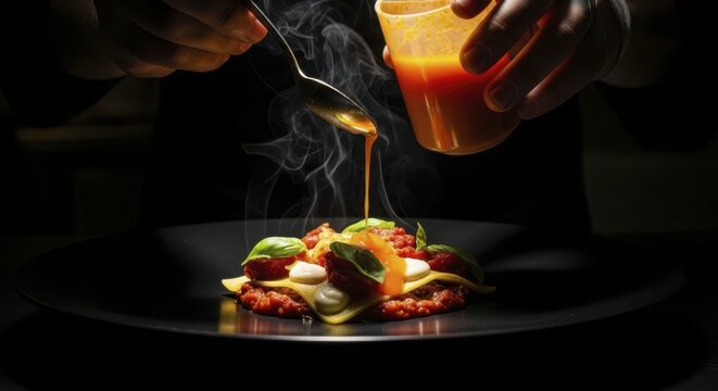 Chef hands drizzling hot sauce over gourmet pasta dish with steam on dark background