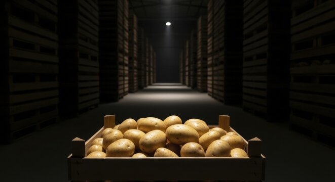Freshly harvested potatoes in wooden crate in dark warehouse storage with spotlight