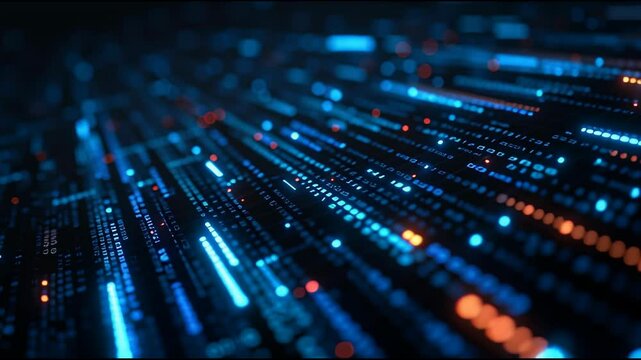 Futuristic Cyberpunk Interface with Animated Code Strings and Data Flow