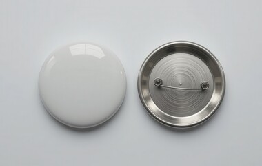 Blank white circular badge mock-up with front and back views on background