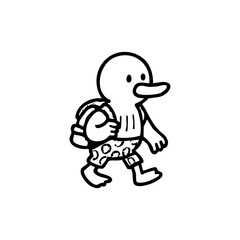 A cartoon duck-like creature carrying a backpack, wearing simple patterned shorts