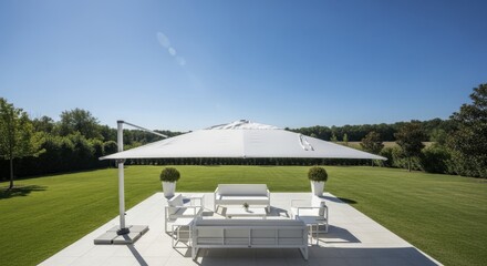 Spacious outdoor patio with white modern furniture and a large cantilever umbrella on a sunny day.
