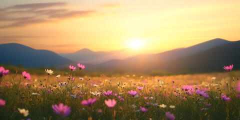 Wildflower Meadow with Mountain View at Sunrise
