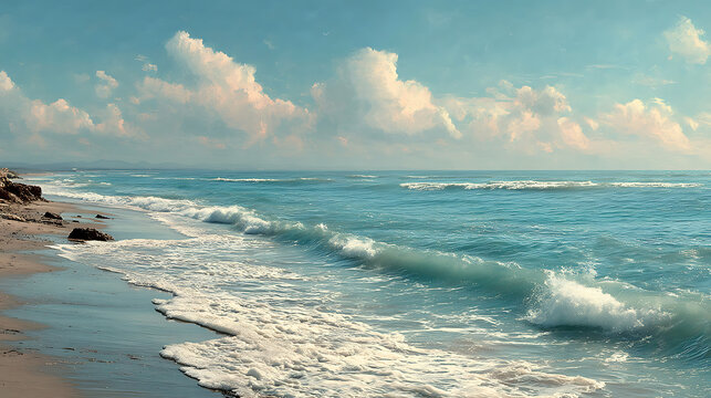 Serene beach coastline with gentle waves and cloudy sky tranquil seascape peaceful ocean scene calming coastal scenery beautiful shoreline relaxing view