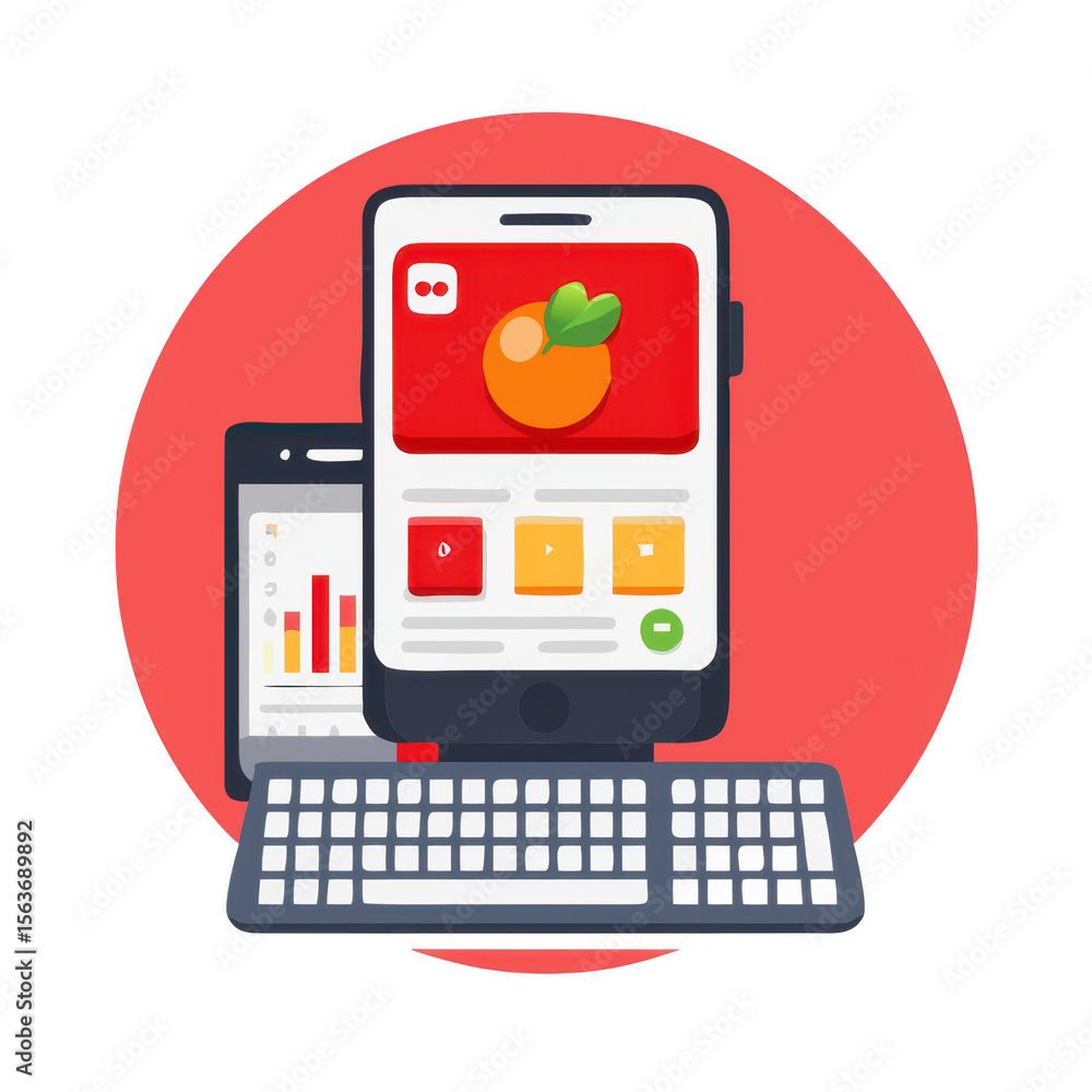 Poster modern digital devices and keyboard isolated on transparent background