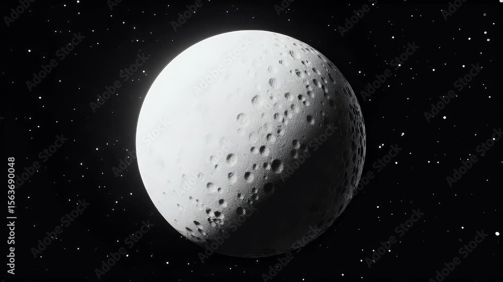 Poster digitally rendered white moon with visible craters and textured surface set against a black starfiel