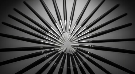 Abstract radial composition of new art paint brushes in a symmetrical fan pattern
