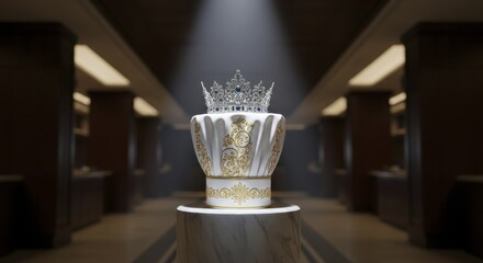 Majestic chef hat with sparkling royal crown on a pedestal in a grand hall