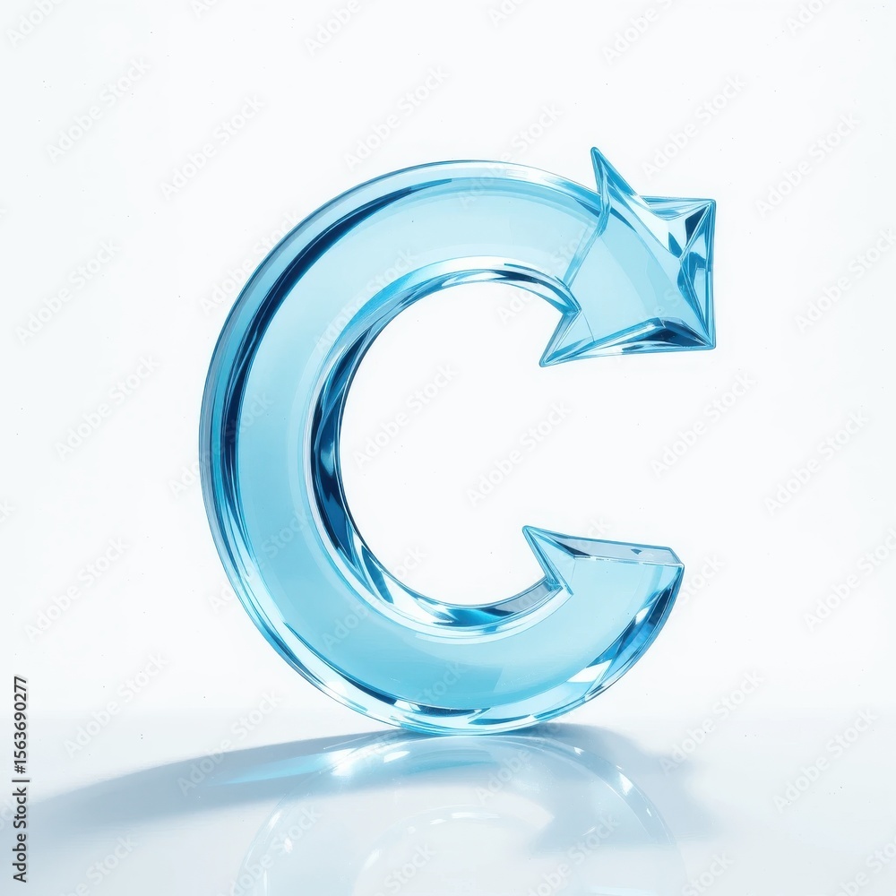 Fototapete 3d rendering of blue circular glass arrow with reflection on white background