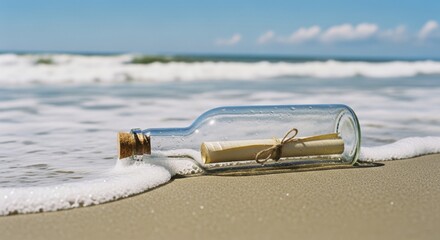 Message in a bottle with a parchment scroll washed ashore on a sunny beach.