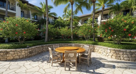 Obraz premium Tropical resort courtyard with outdoor dining table and chairs on stone patio