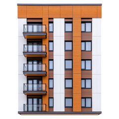 Modern Residential Building with Orange and White Facade and Balconies, isolated on transparent background.