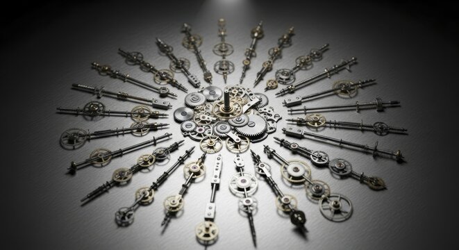 Vintage watch gears and mechanical parts arranged in a radial star pattern