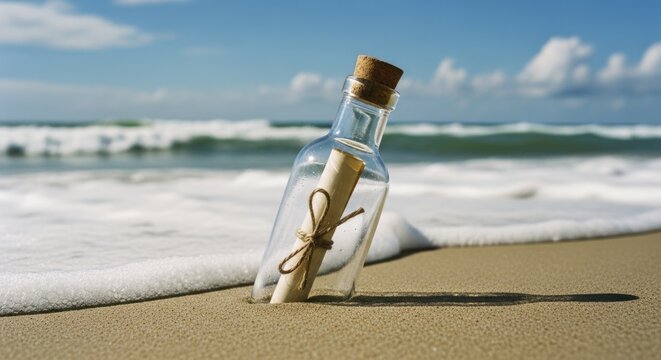 Message in a bottle washed ashore on a sunny sandy beach with ocean waves