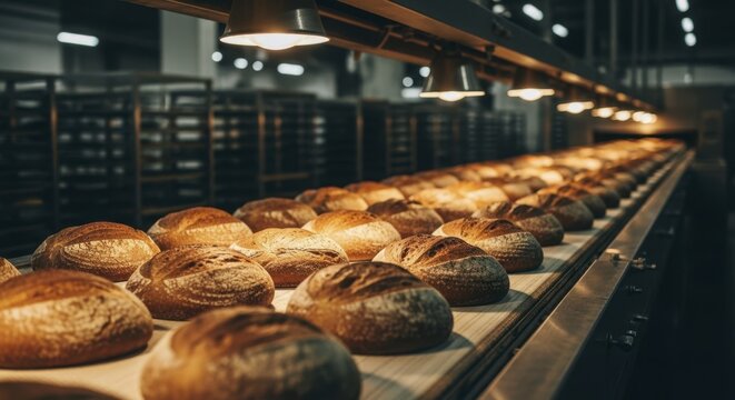 Rows of freshly baked bread loaves cooling on a stainless steel conveyor belt inside a large industrial bakery with warm lighting - Powered by Adobe
