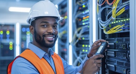 Smiling african american engineer performing network maintenance in data center