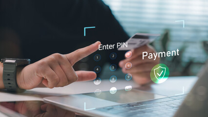 Close-up of a man entering PIN code for secure online payment using credit card and digital interface. Concept of fintech, cybersecurity, and digital banking.