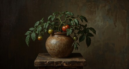 Still life of tomato plant in a brown vase on a wooden stand against a dark brown background