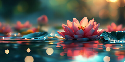 Lotus Flowers Floating on Water at Sunset with Glowing Light