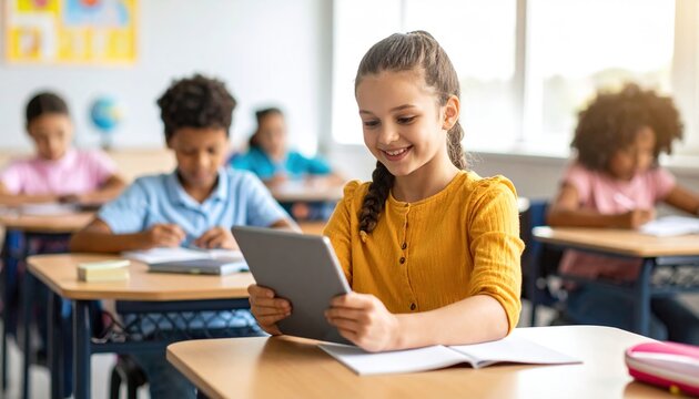 Girl uses tablet in classroom with education, school, and kids.