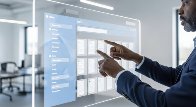 African american businessman interacting with transparent digital screen