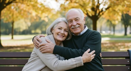 Naklejka premium Candid close up of a happy elderly couple embracing on a park bench in autumn.
