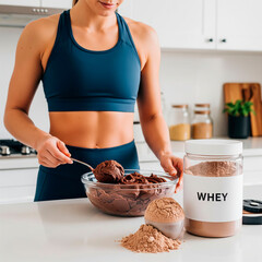 A woman in gym clothes preparing a chocolate cake and a scoop full of brown whey next to it and a white plastic jar with brown whey. The jar has only the word WHEY written on it.