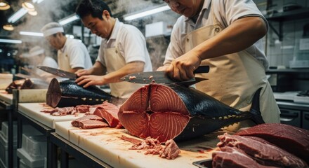 Skilled chefs meticulously cutting fresh bluefin tuna at a bustling fish market.