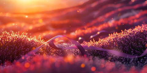 Closeup of Lavender Flowers with Ribbon at Vibrant Sunset
